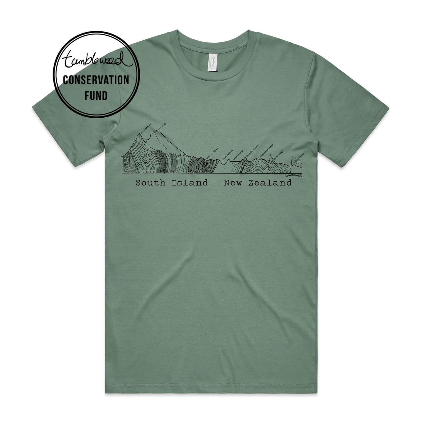 Grey marle, female t-shirt featuring a screen printed South Island Cross Section design.