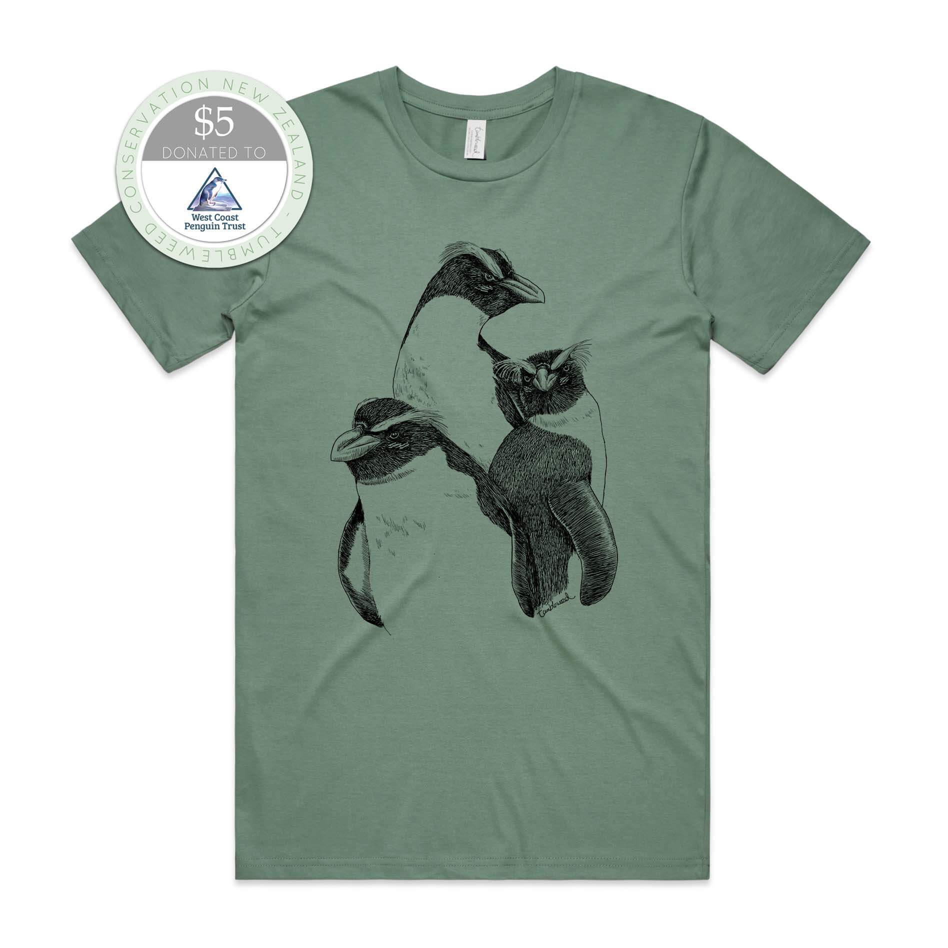 Sage, female t-shirt featuring a screen printed Fiordland Crested penguin/tawaki design.