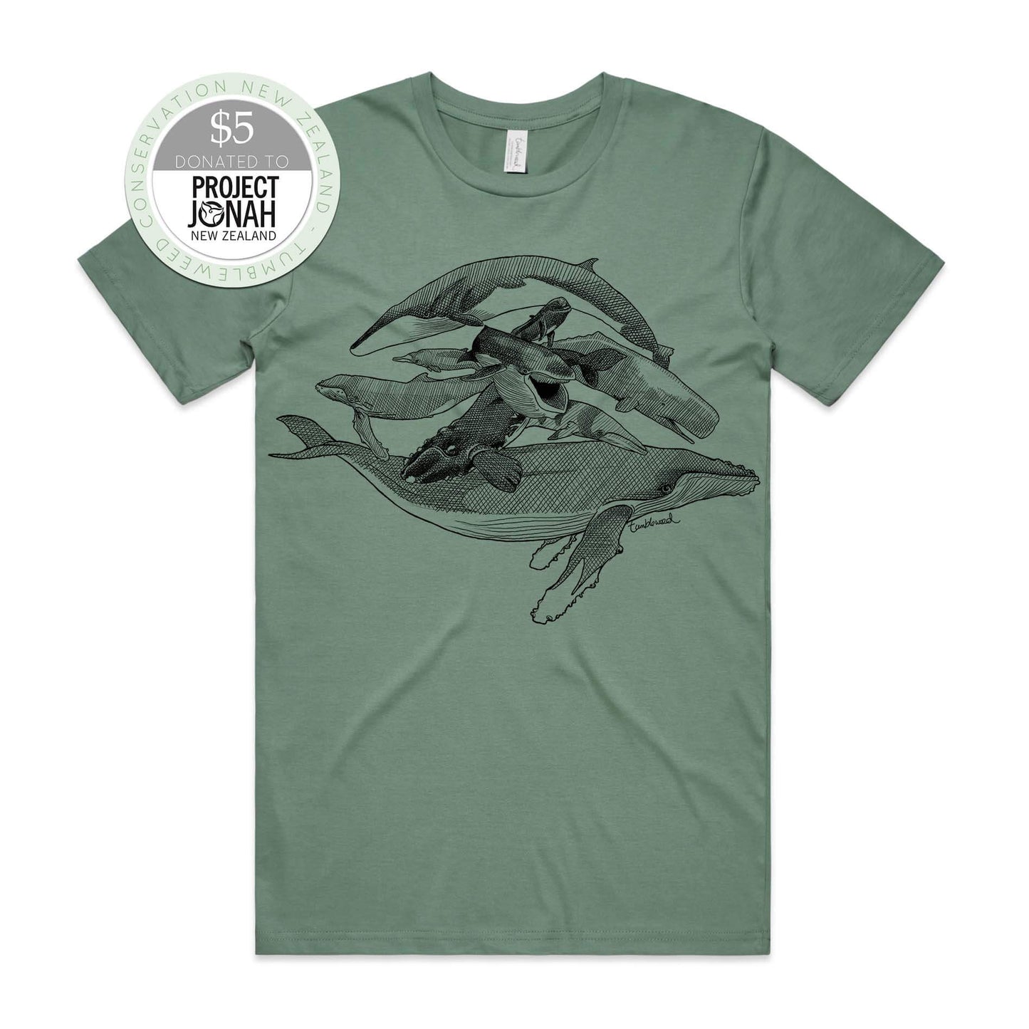 Sage, male t-shirt featuring a screen printed Whales design.