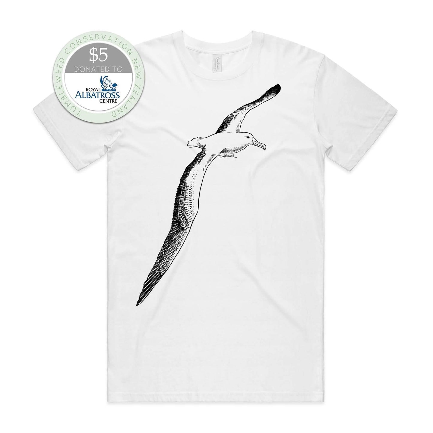 White, male t-shirt featuring a screen printed albatross design.