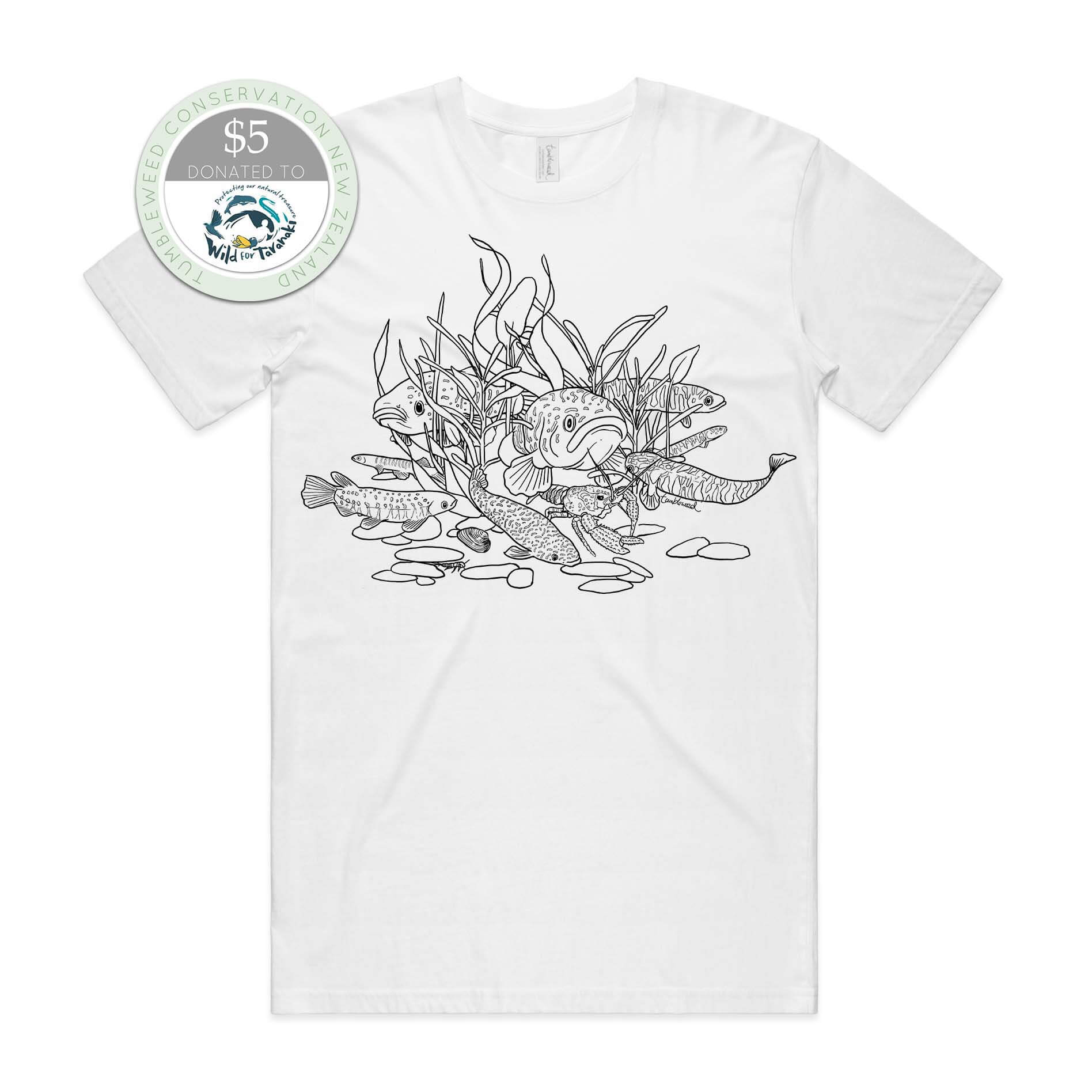 White, female t-shirt featuring a screen printed Freshwater fish design.