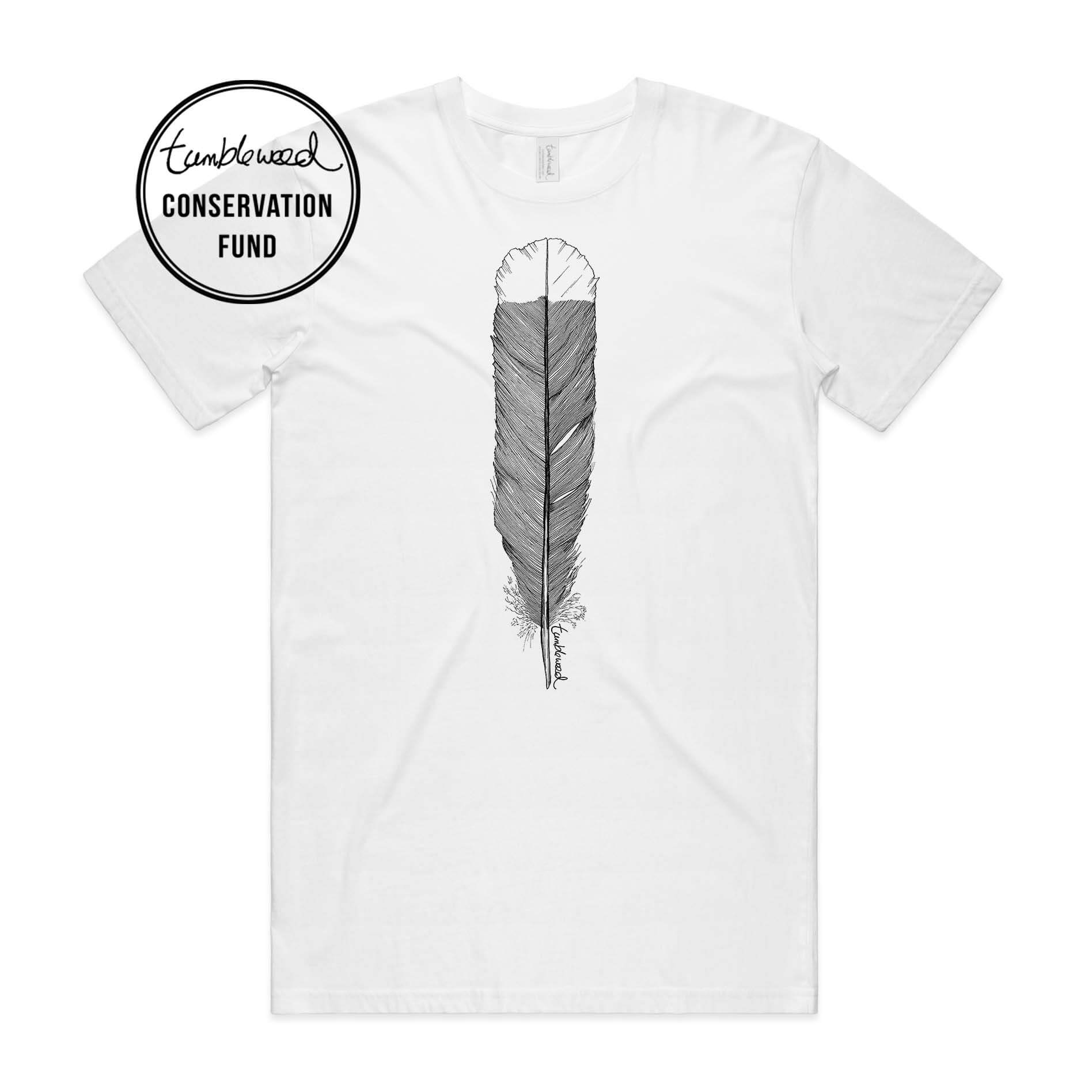 White, female t-shirt featuring a screen printed huia feather design.