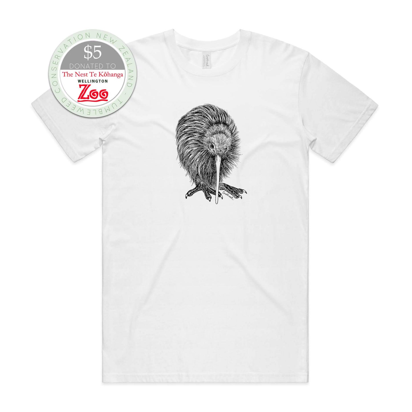 White, female t-shirt featuring a screen printed kiwi design.