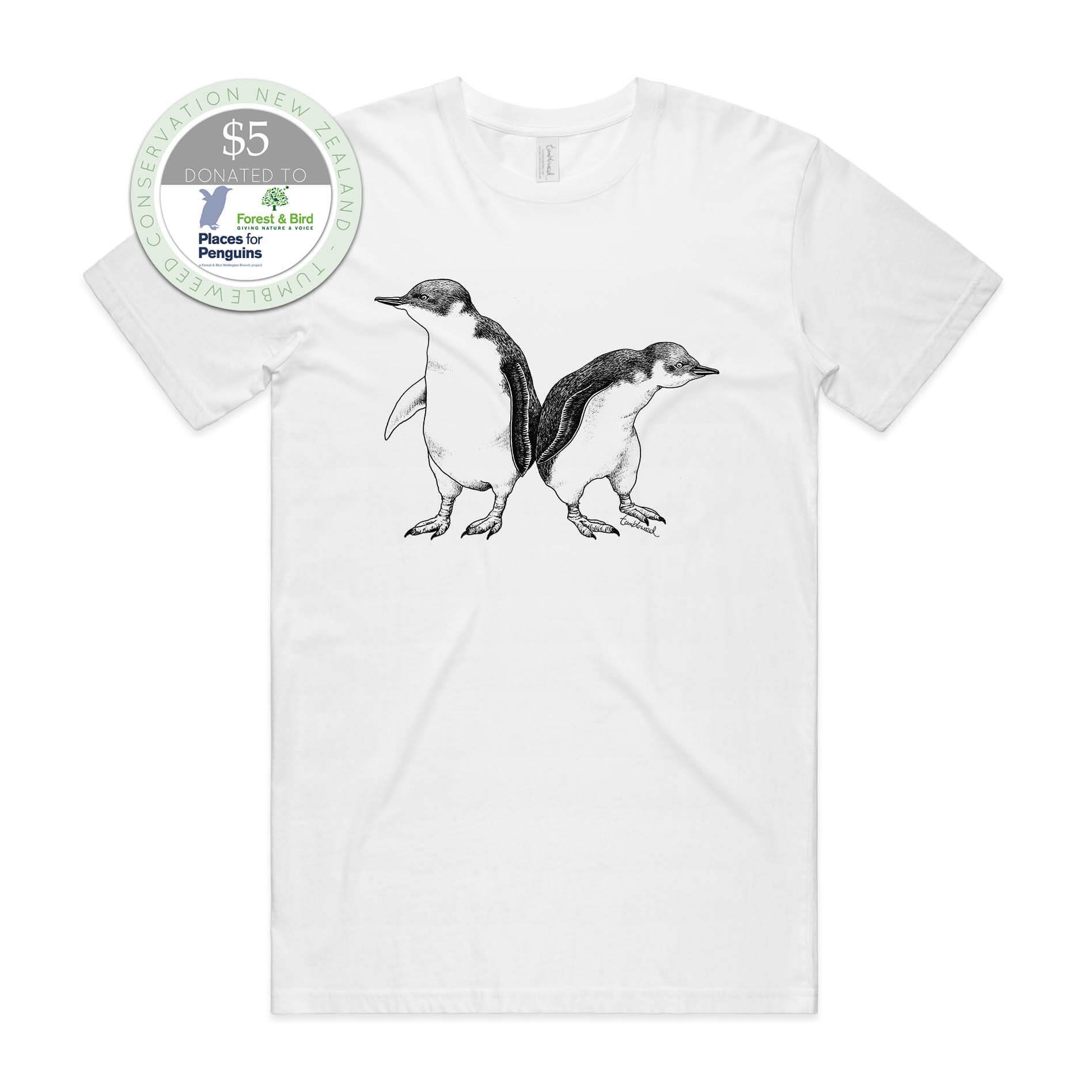 White, female t-shirt featuring a screen printed Little Blue Penguin design.