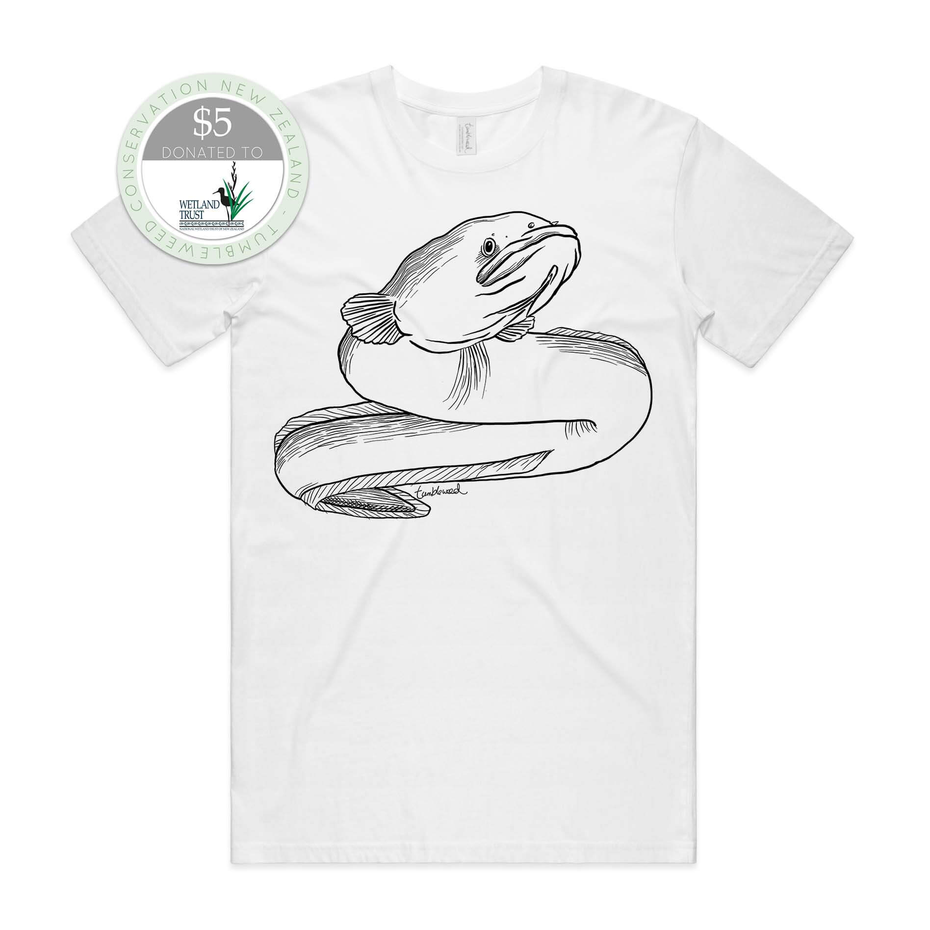 Grey marle, female t-shirt featuring a screen printed Longfin Eel/Tuna design.