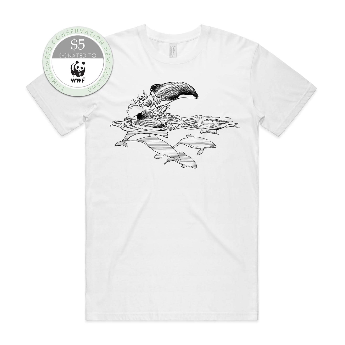 Grey marle, female t-shirt featuring a screen printed Māui dolphin design.