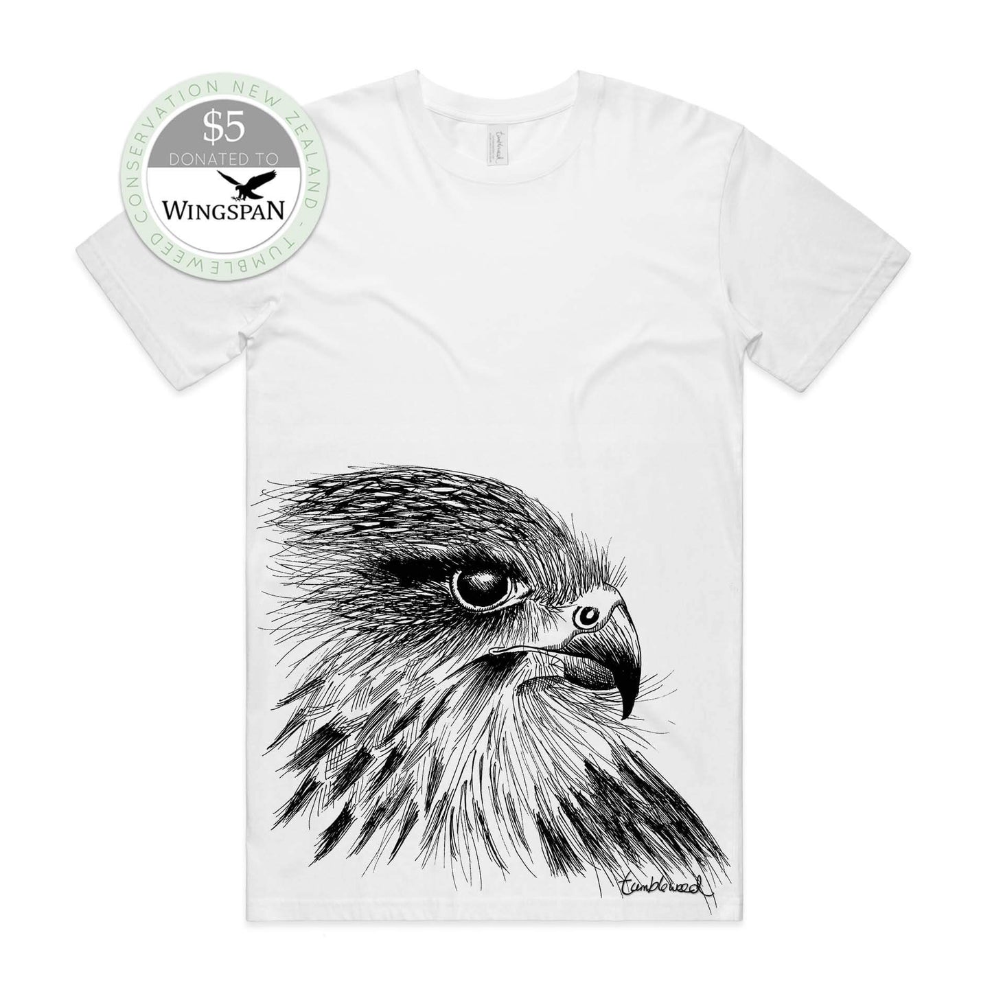 White, female t-shirt featuring a screen printed Kārearea/NZ Falcon design.