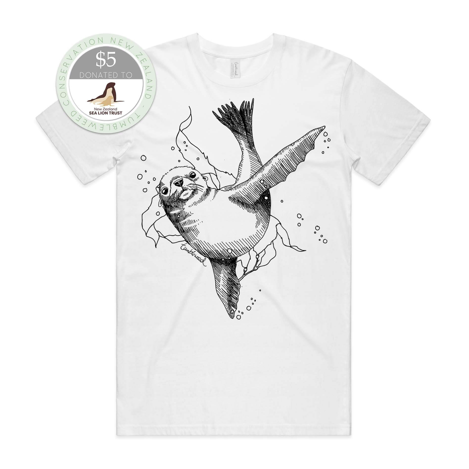Charcoal, male t-shirt featuring a screen printed New Zealand sea lion design.
