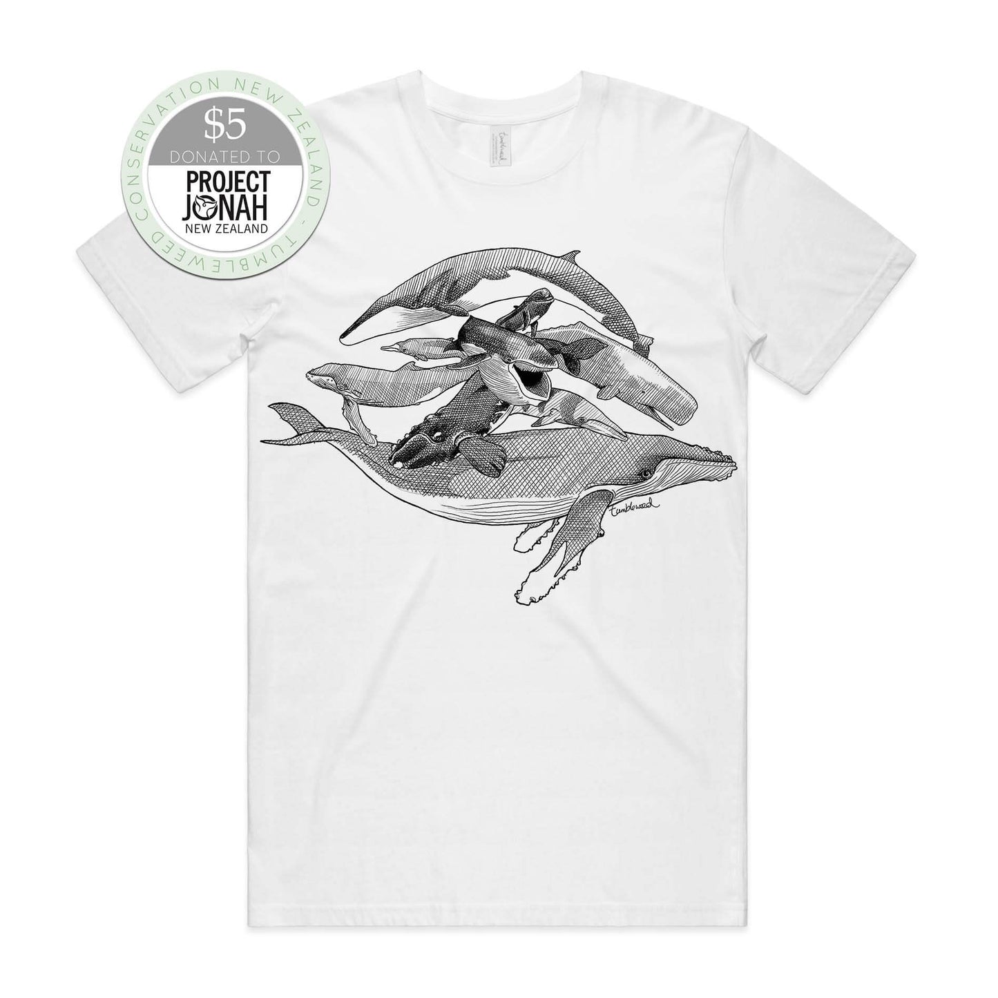 White, male t-shirt featuring a screen printed Whales design.