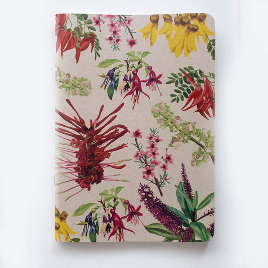 Kraft cover, painted NZ floral notebook with rounded corners