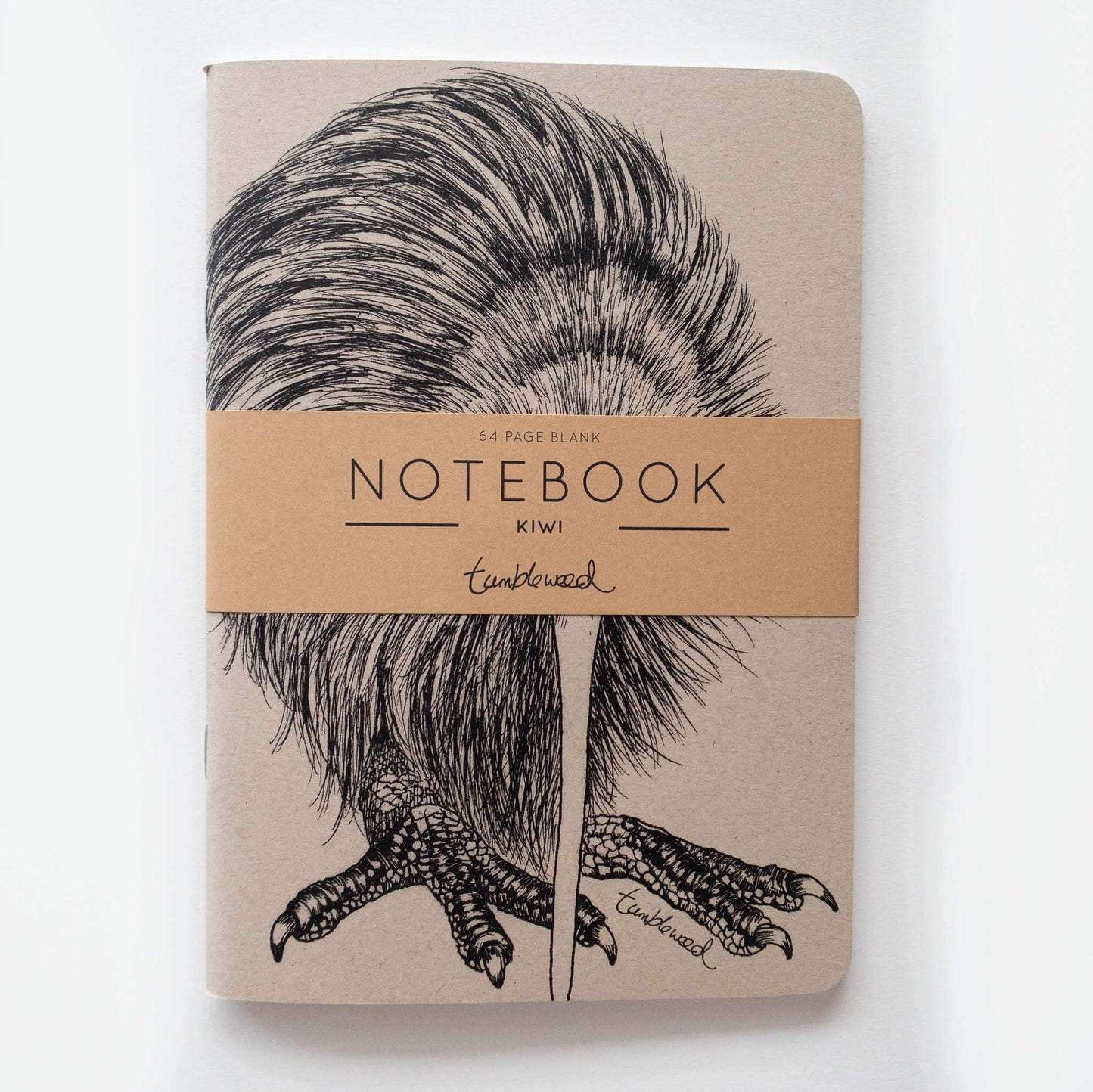 Kraft cover, kiwi notebook with rounded corners, packaged with a kraft belly band.