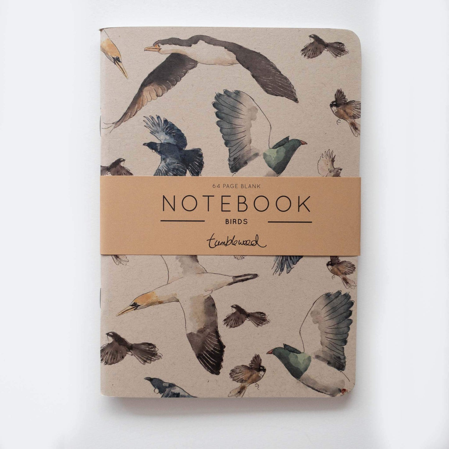 Kraft cover, painted NZ birds notebook with rounded corners, packaged with a kraft belly band.
