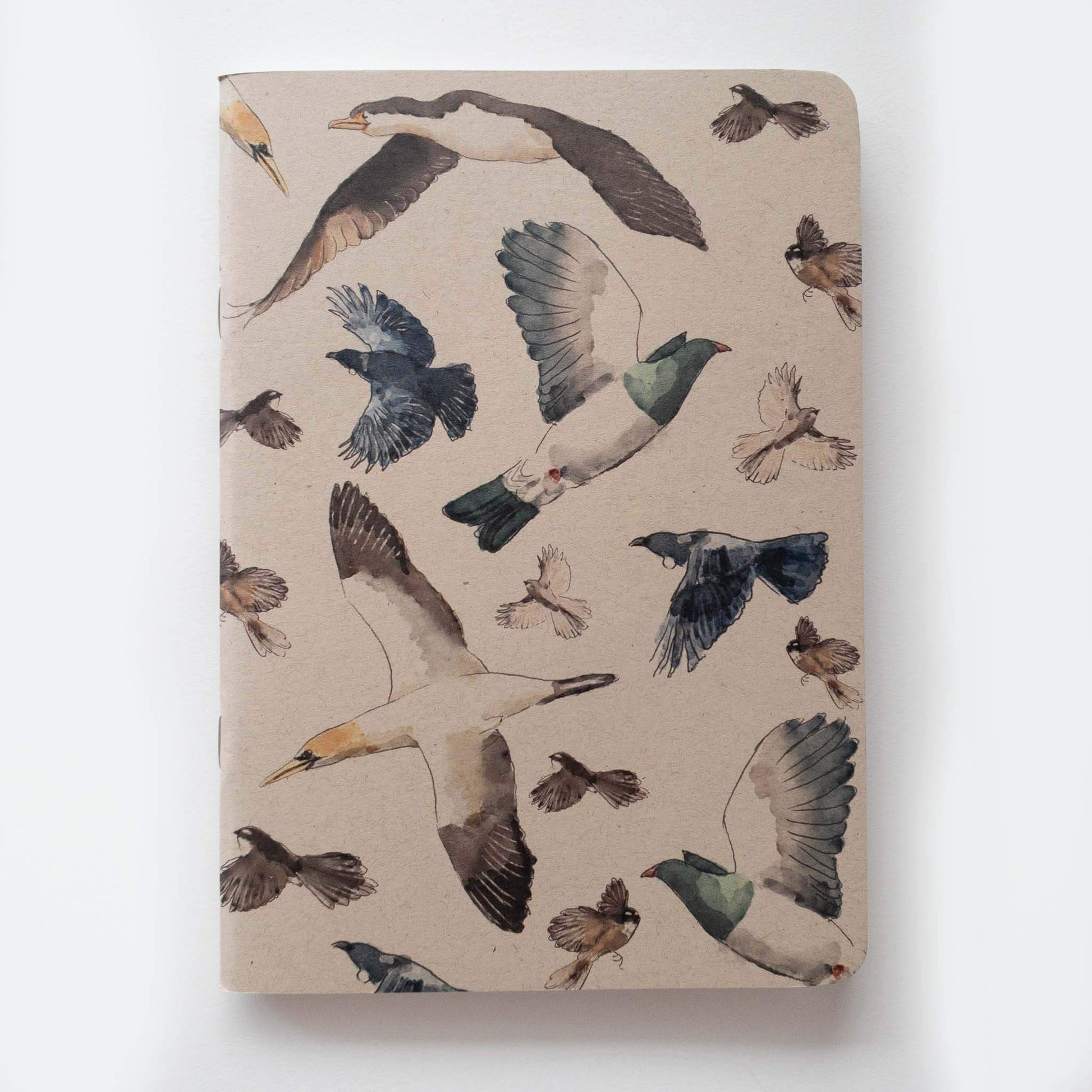 Kraft cover, painted NZ birds notebook with rounded corners