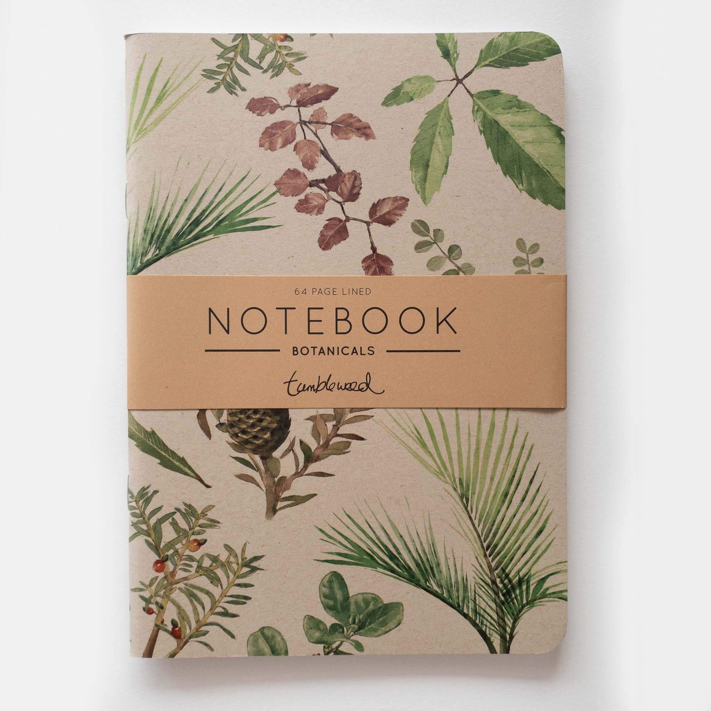 Kraft cover, painted NZ botanicals notebook with rounded corners, packaged with a kraft belly band.