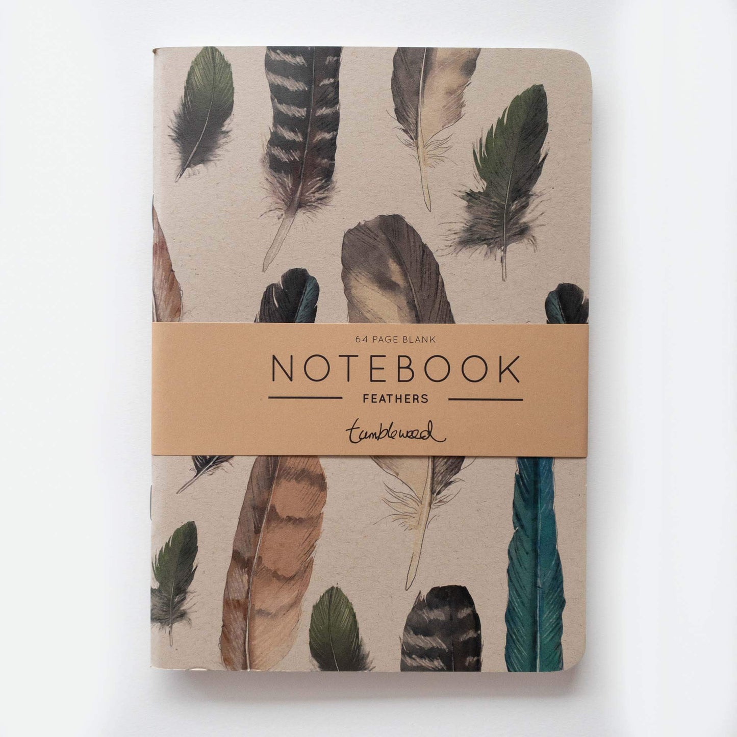Kraft cover, painted NZ bird feathers notebook with rounded corners, packaged with a kraft belly band.