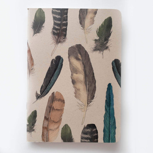 Kraft cover, painted NZ birds feathers notebook with rounded corners