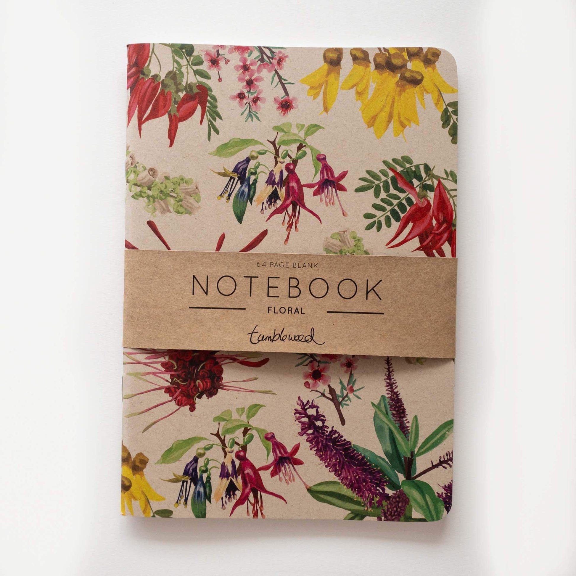 Kraft cover, painted NZ floral notebook with rounded corners, packaged with a kraft belly band.