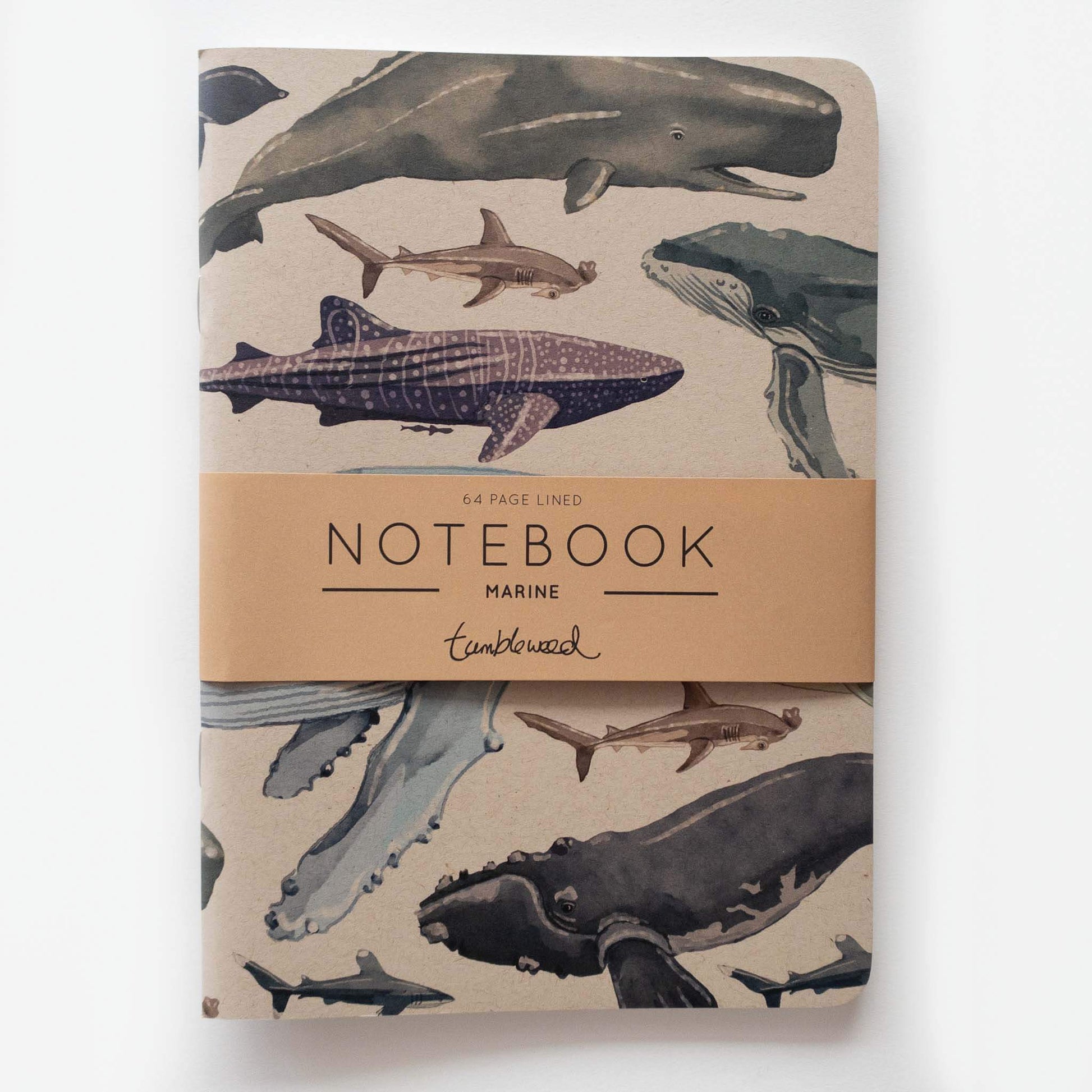 Kraft cover, painted NZ marine notebook with rounded corners, packaged with a kraft belly band.