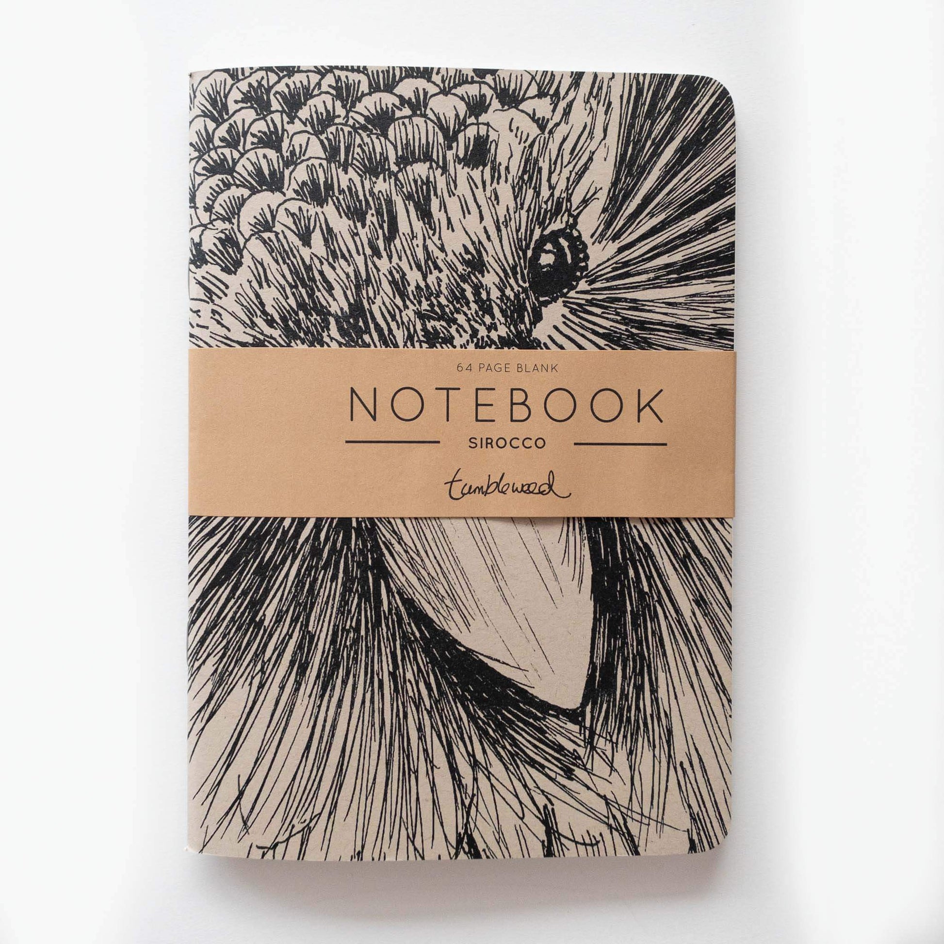 Kraft cover, Sirocco the kakapo notebook with rounded corners, packaged with a kraft belly band.