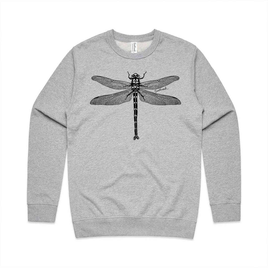 Grey marle unisex sweatshirt with a screen printed Dragonfly design.