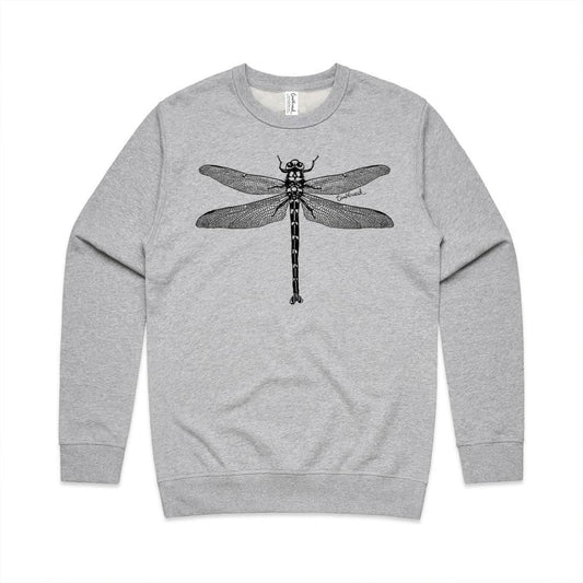 Grey marle unisex sweatshirt with a screen printed Dragonfly design.