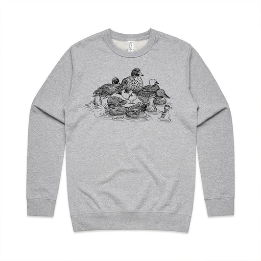 Grey marle unisex sweatshirt with a screen printed NZ Ducks design.