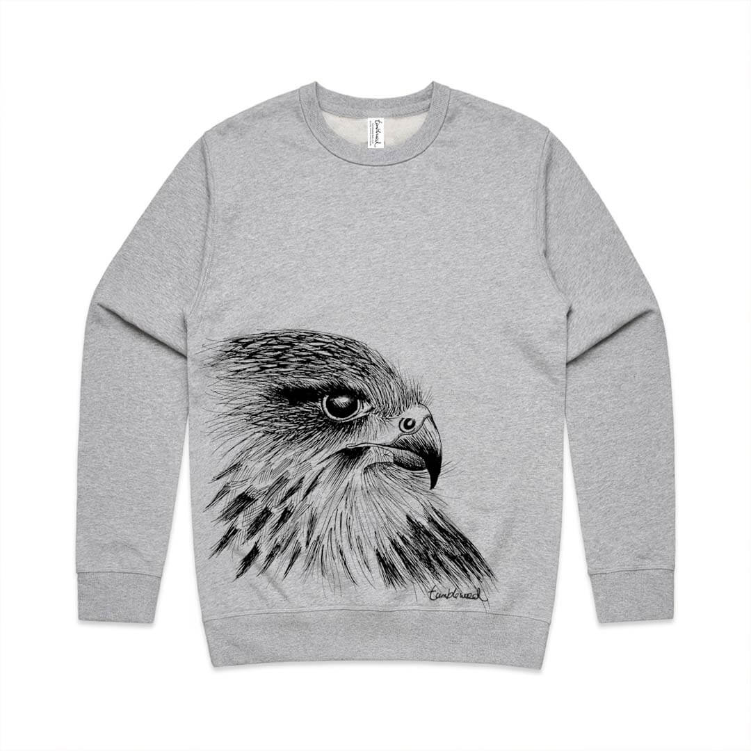 Grey marle unisex sweatshirt with a screen printed Kārearea/NZ Falcon design.