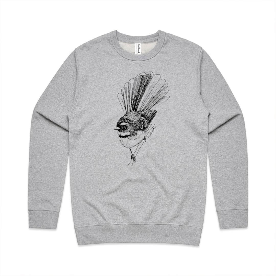 Grey marle unisex sweatshirt with a screen printed Fantail/Pīwakawaka design.