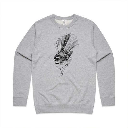 Grey marle unisex sweatshirt with a screen printed Fantail/Pīwakawaka design.