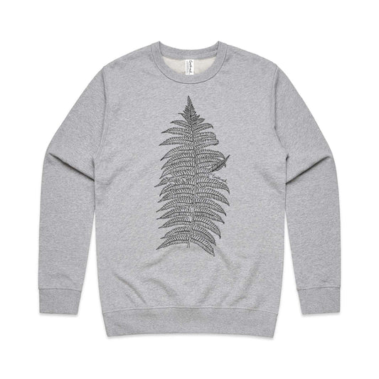 Grey marle unisex sweatshirt with a screen printed Silver fern/ponga design.