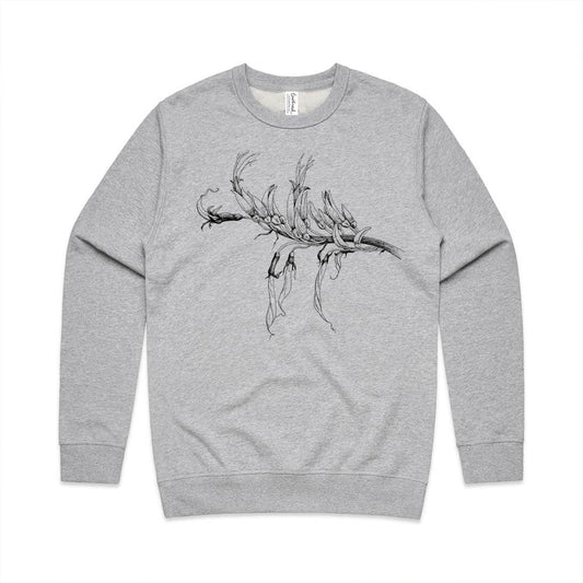 Grey marle unisex sweatshirt with a screen printed Mountain Flax design.