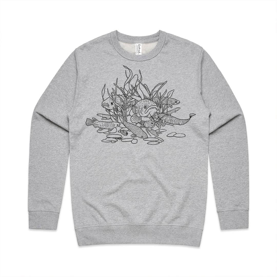 Grey marle unisex sweatshirt with a screen printed Freshwater design.