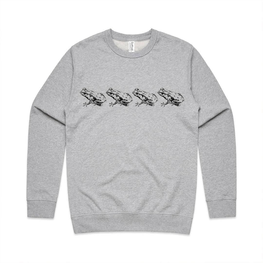 Grey marle unisex sweatshirt with a screen printed Archey's Frog design.