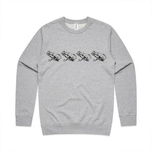 Grey marle unisex sweatshirt with a screen printed Archey's Frog design.