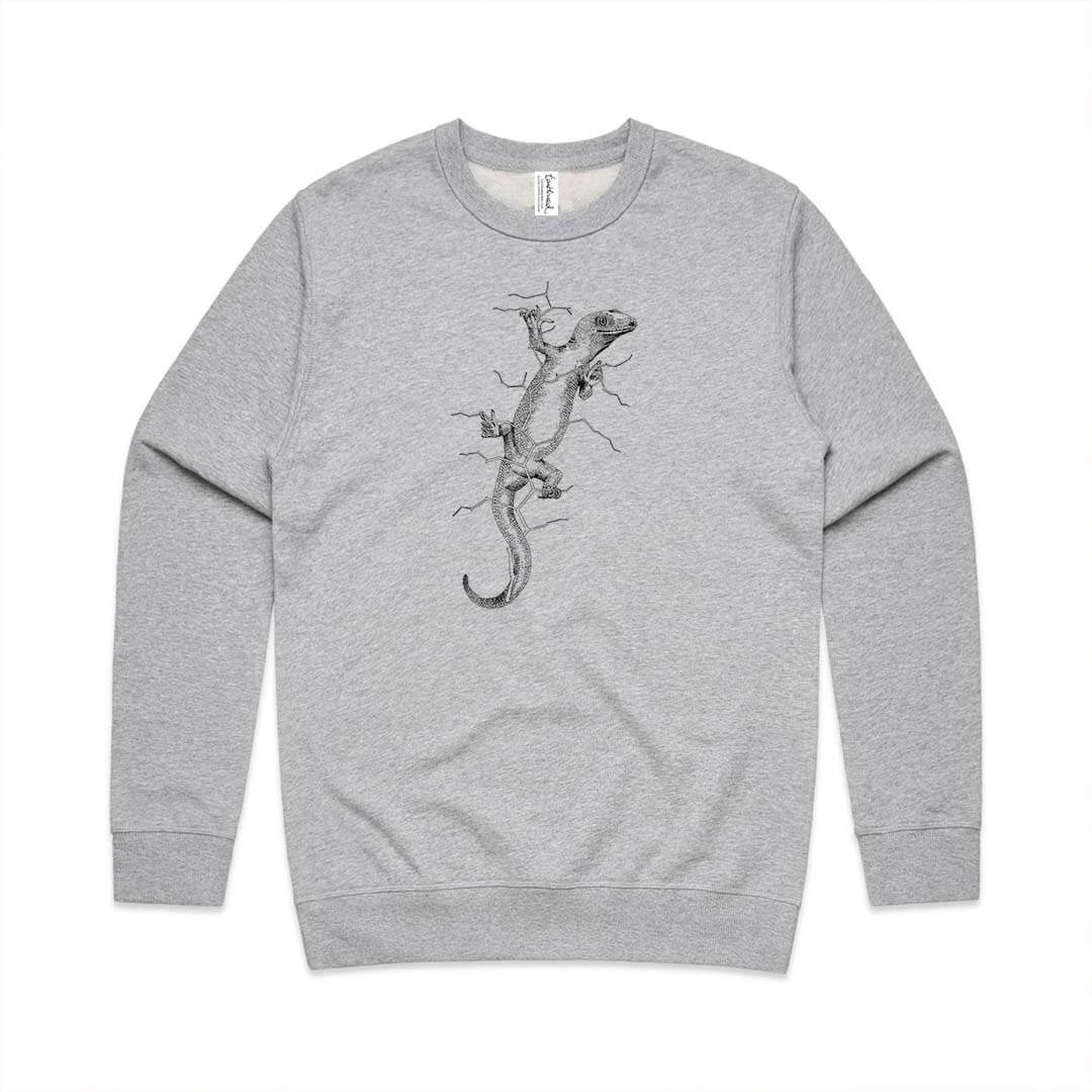 Grey marle unisex sweatshirt with a screen printed gecko design.