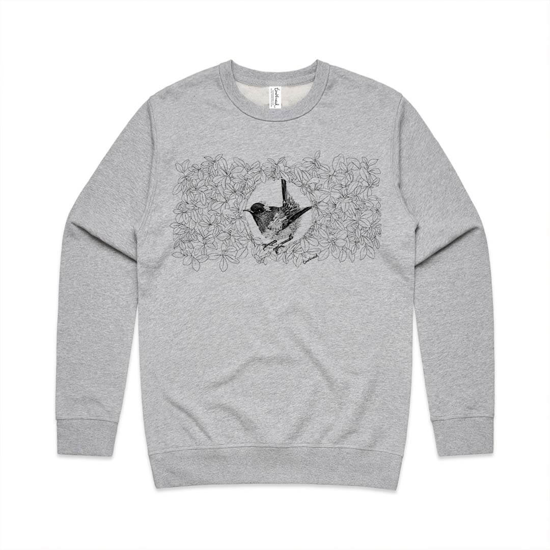 Grey marle unisex sweatshirt with a screen printed Hihi/Stitchbird design.