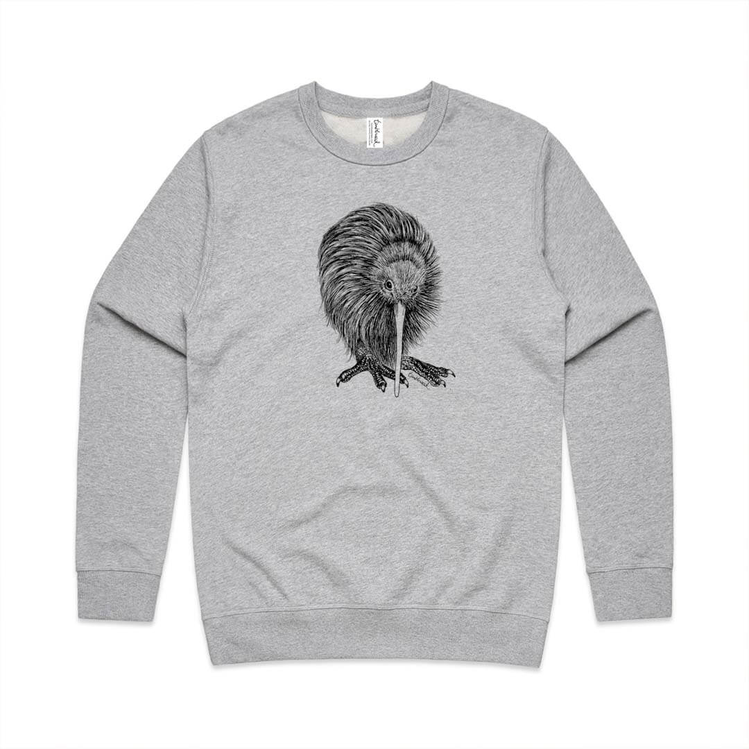 Grey marle unisex sweatshirt with a screen printed kiwi design.
