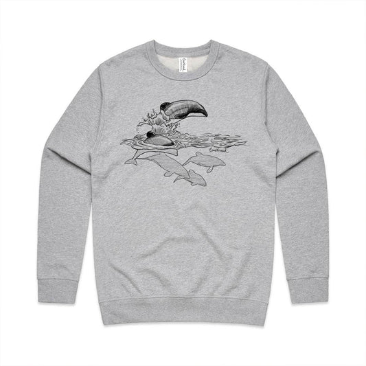 Grey marle unisex sweatshirt with a screen printed Māui dolphin design.
