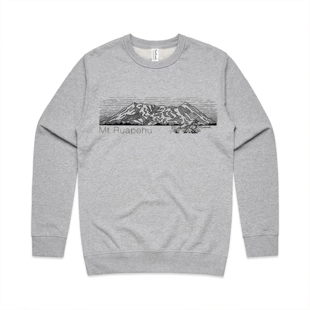 Grey marle unisex sweatshirt with a screen printed Mt Ruapehu design.