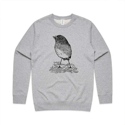 Grey marle unisex sweatshirt with a screen printed North Island Robin/toutouwai design.