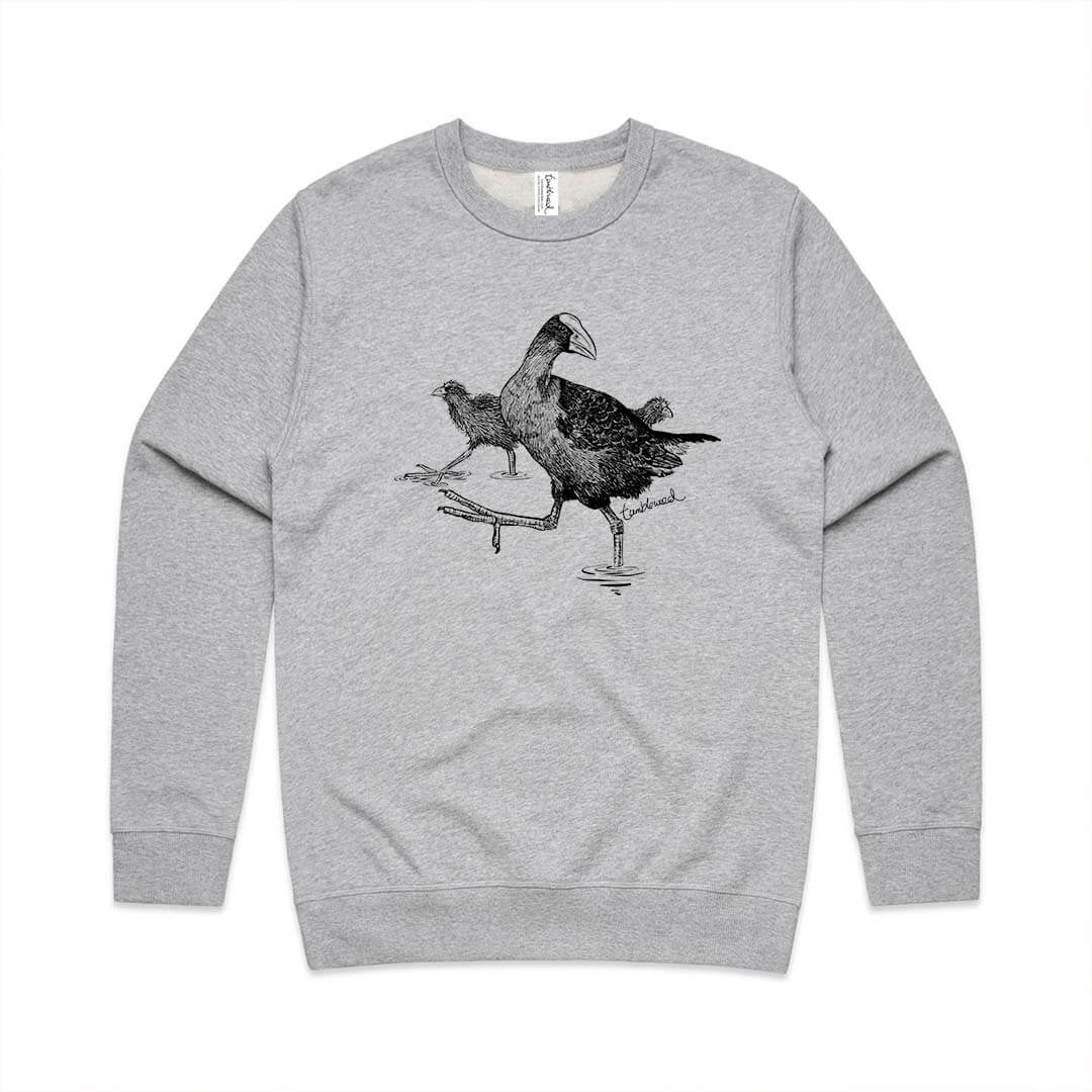 Grey marle unisex sweatshirt with a screen printed Pukeko design.