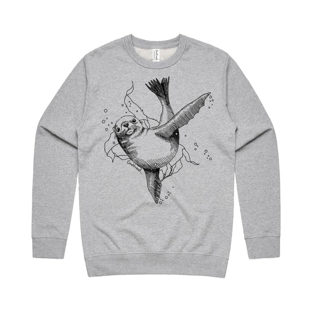 Grey marle, sweatshirt featuring a screen printed New Zealand sea lion design.
