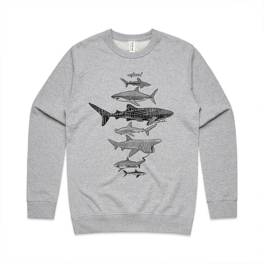 Grey marle unisex sweatshirt with a screen printed sharks design.