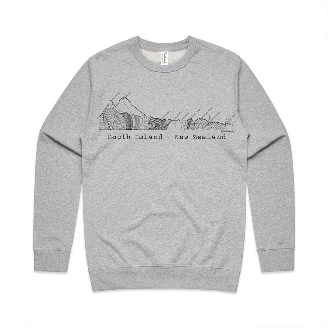 Grey marle unisex sweatshirt with a screen printed South Island Cross Section design.