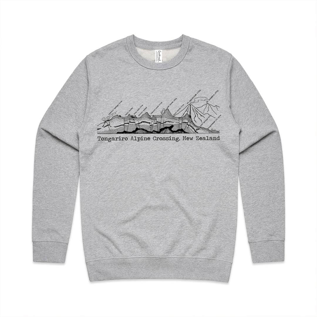 Grey marle unisex sweatshirt with a screen printed Tongariro Crossing design.