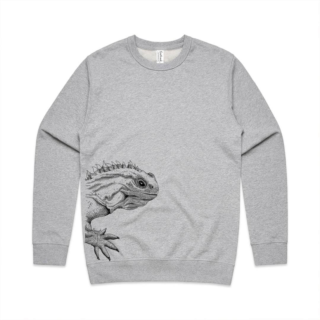 Grey marle unisex sweatshirt with a screen printed Tuatara design.