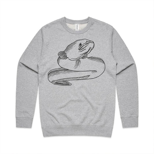 Grey marle unisex sweatshirt with a screen printed Longfin Eel/Tuna design.