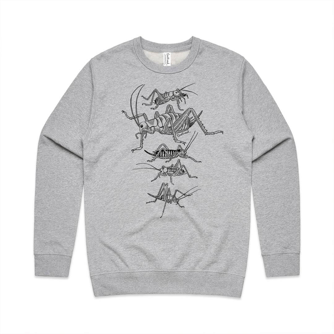 Grey marle unisex sweatshirt with a screen printed weta design.