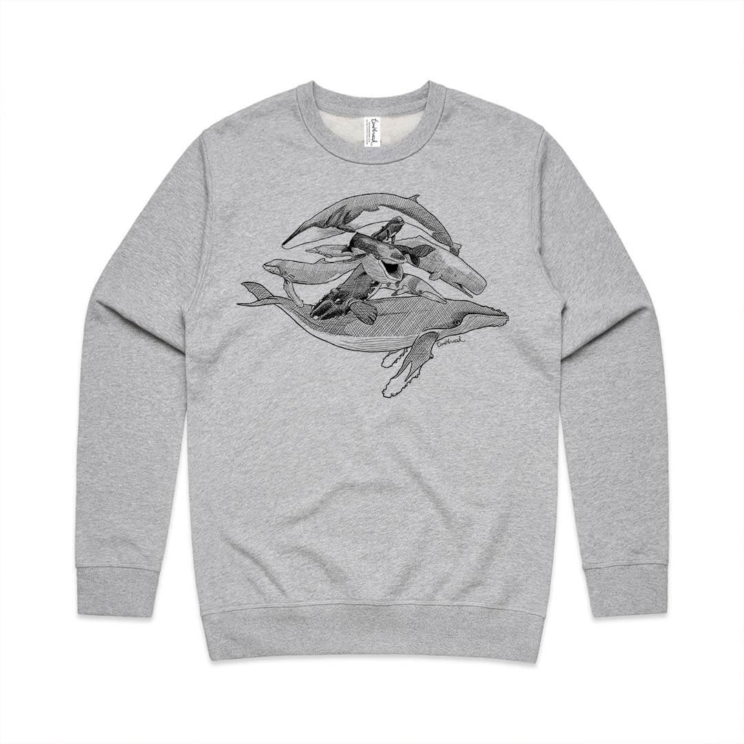 Grey marle unisex sweatshirt with a screen printed whales design.