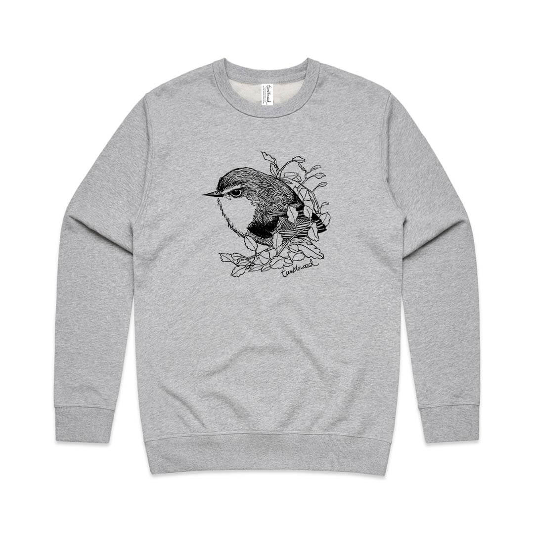 Grey marle unisex sweatshirt with a screen printed titipounamu/rifleman design.